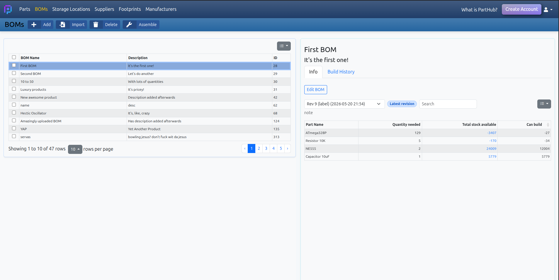 BOM management screen