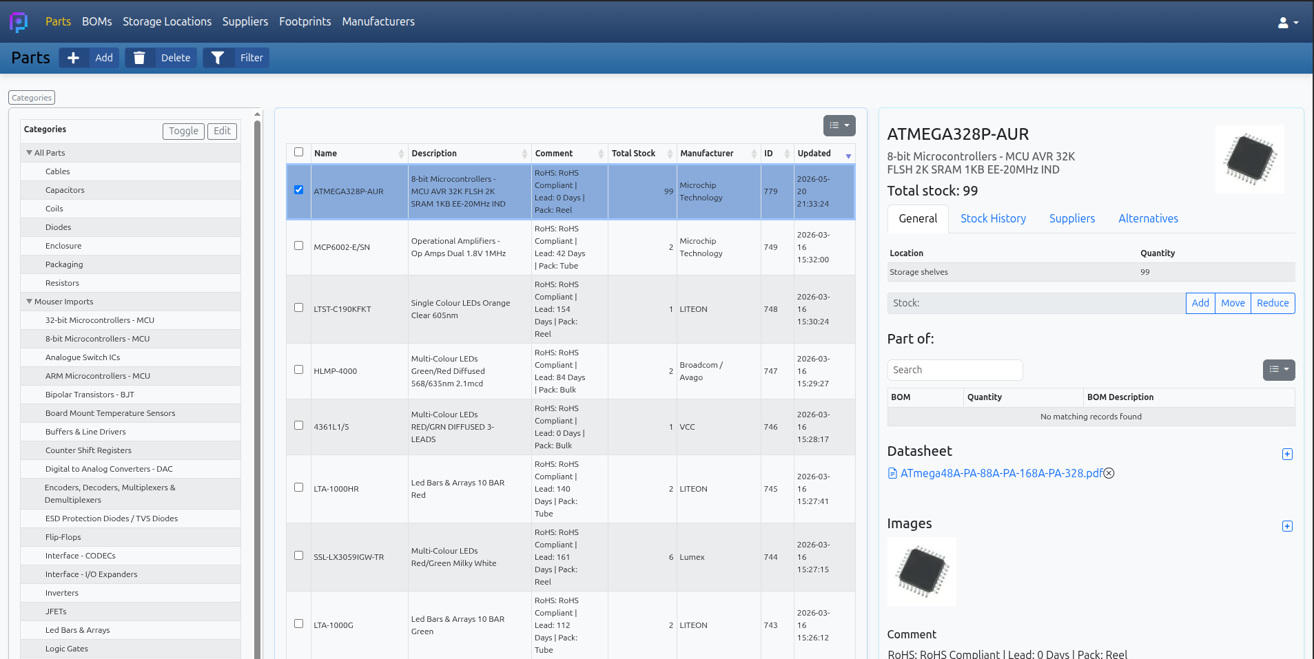 PartHub parts inventory and stock view